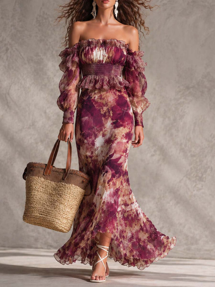 Rosine | Antique Pink Maxi Dress with Off-Shoulder Sleeves, Floral Pattern