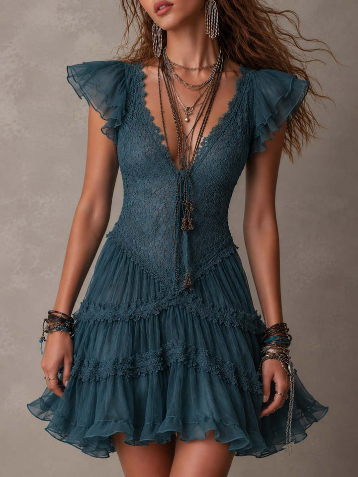 Azurine | Retro Blue Lace Ruffled Mini Dress and Chiffon