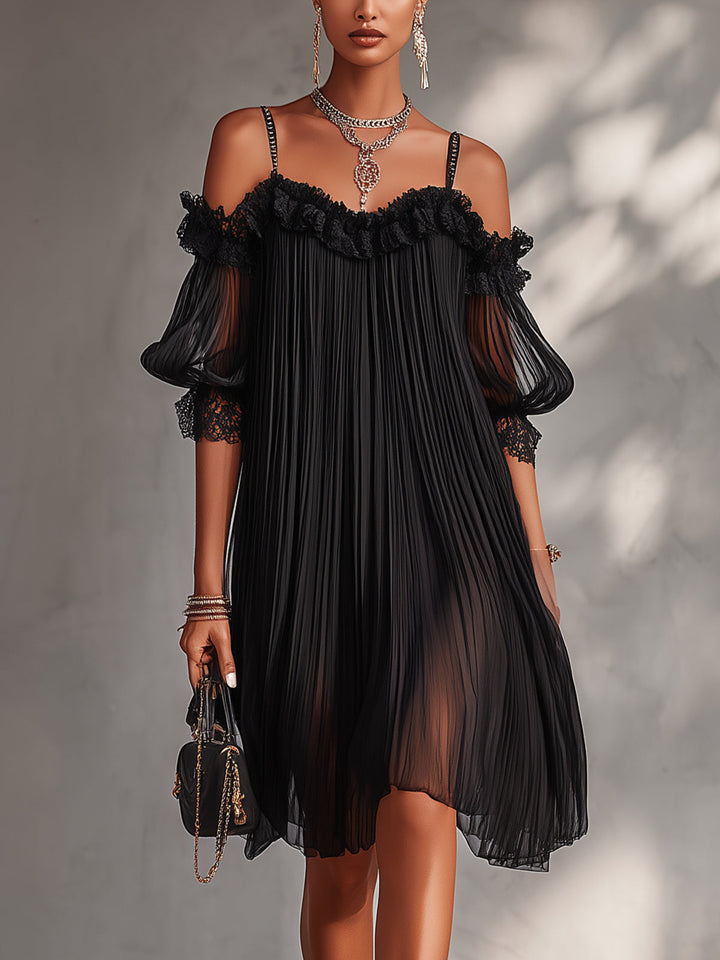Camille | Black Chiffon Mini Dress with Off-the-Shoulder Design and Lace Trim