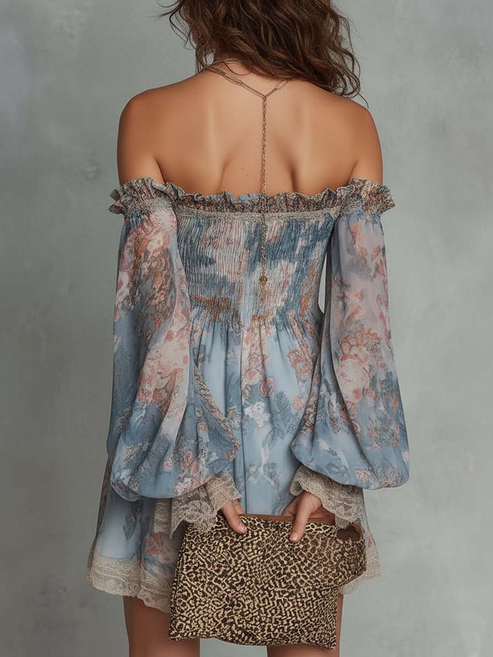 Romane | Mini Dress in Gathered Chiffon with Off-Shoulder and Romantic Flowers