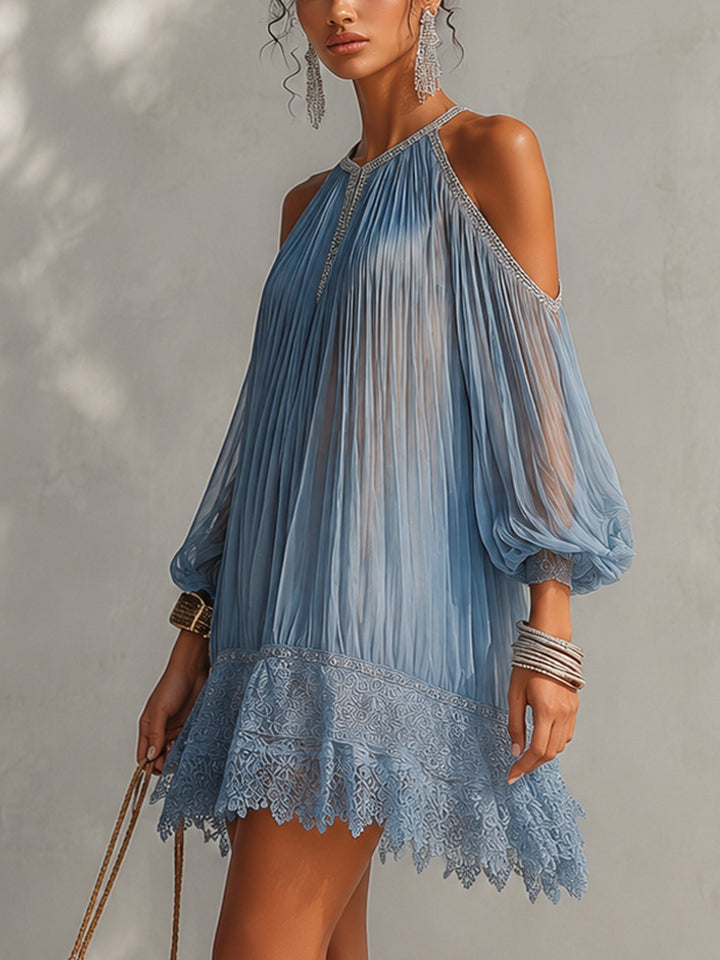 Séraphine | Blue Mini Dress with Off-Shoulder Design, Gathered and Lace Hem