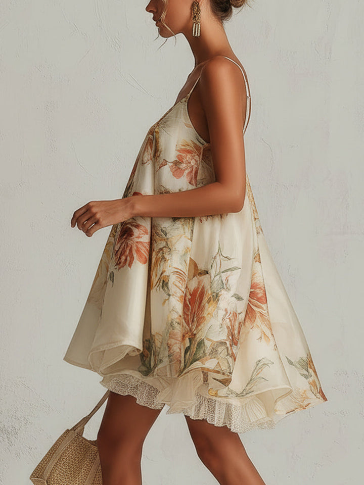 Béatrice | Beige Floral Organza A-Line Mini Dress with Lace Trim
