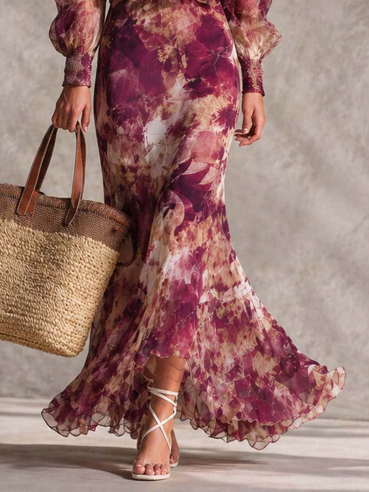 Rosine | Antique Pink Maxi Dress with Off-Shoulder Sleeves, Floral Pattern