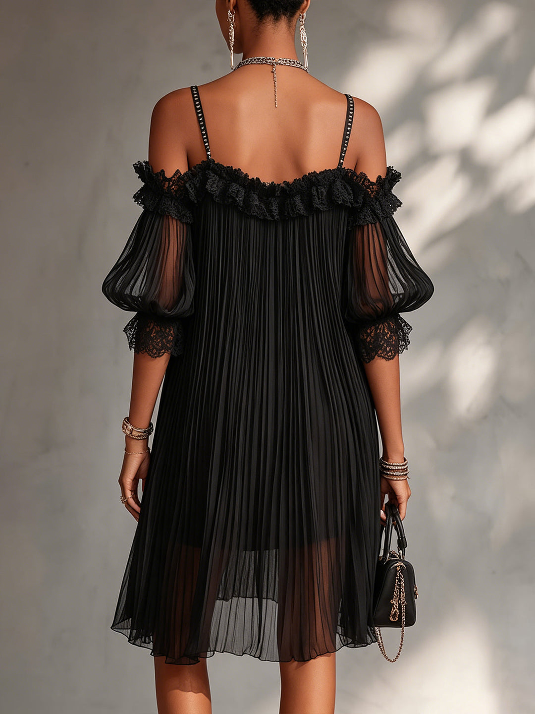 Léonie | Mini Black Dress, Off-Shoulder, Lace Trim