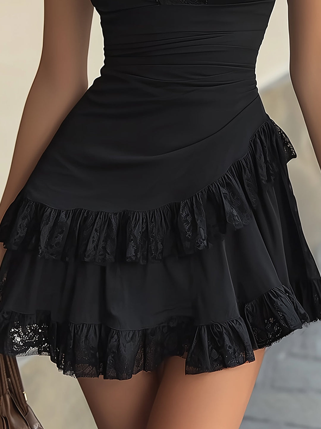 Estelle | Black Lace Ruffled Mini Dress with V-Neck
