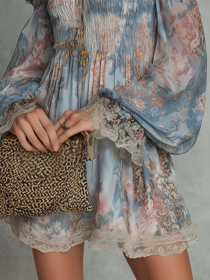 Romane | Mini Dress in Gathered Chiffon with Off-Shoulder and Romantic Flowers