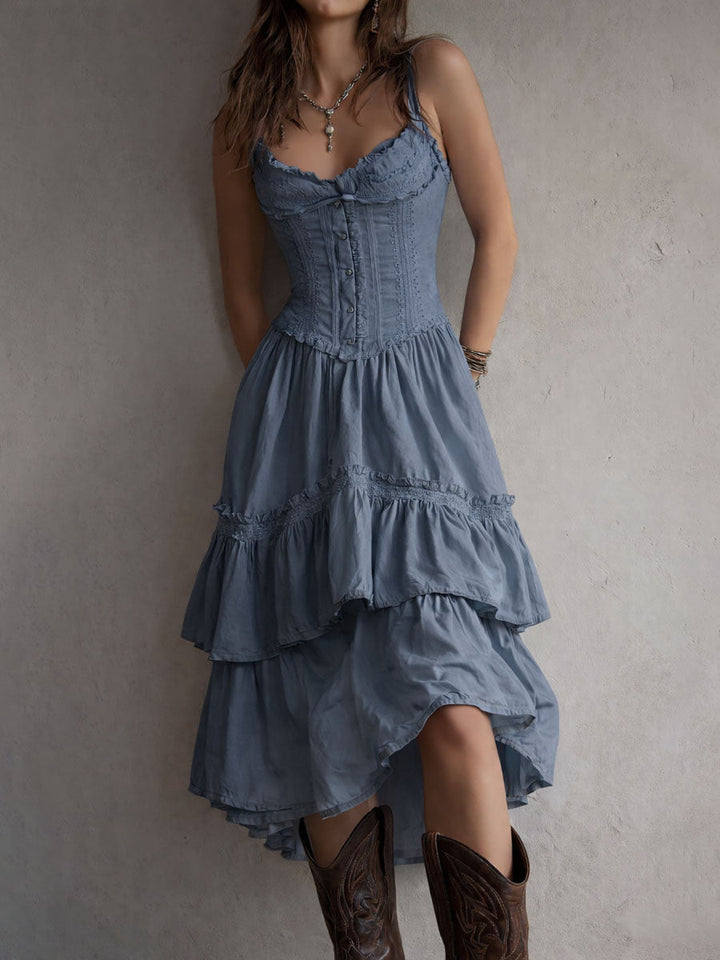 Maya | Lace-Trim Corset Tiered Midi Dress