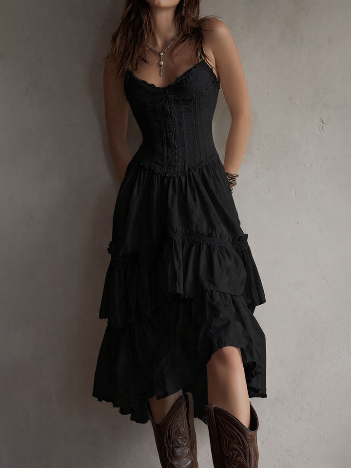 Maya | Lace-Trim Corset Tiered Midi Dress
