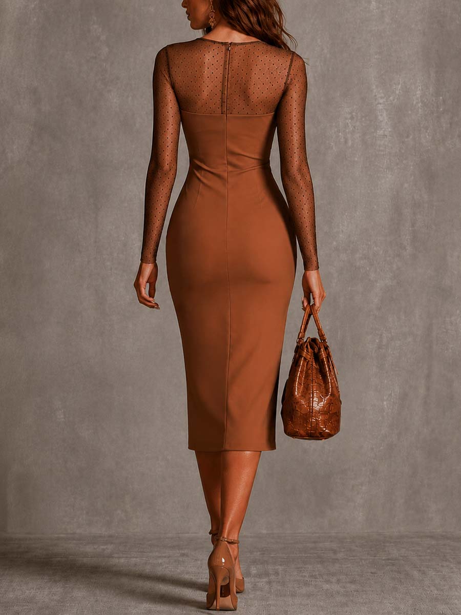 Maya | Polka Dot Mesh Long-Sleeve Bodycon Midi Dress