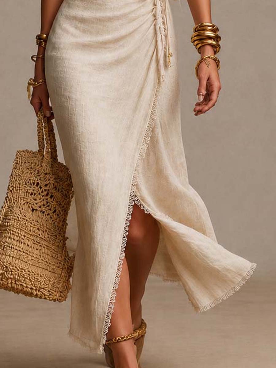 Marisol | Linen Wrap Midi Dress with Lace Trim