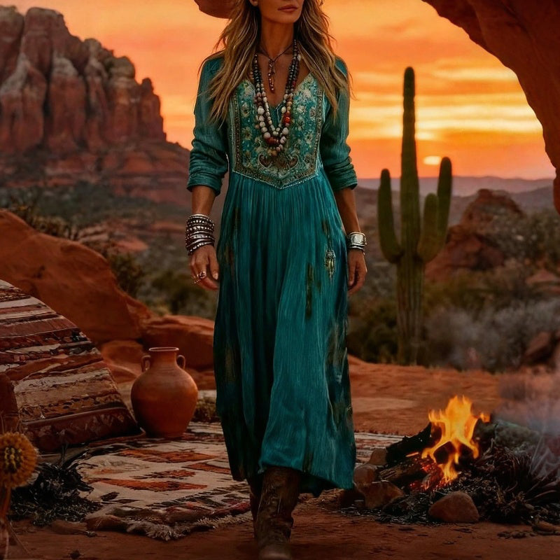 VIVIAN | Teal Embroidered Yoke Dress