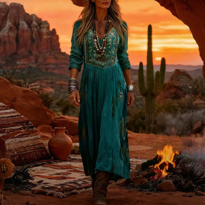VIVIAN | Teal Embroidered Yoke Dress