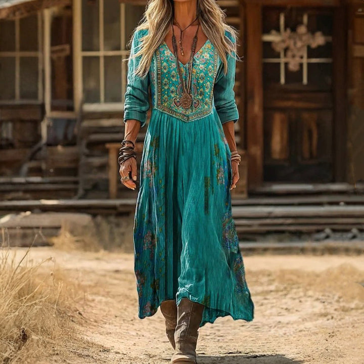 VIVIAN | Teal Embroidered Yoke Dress