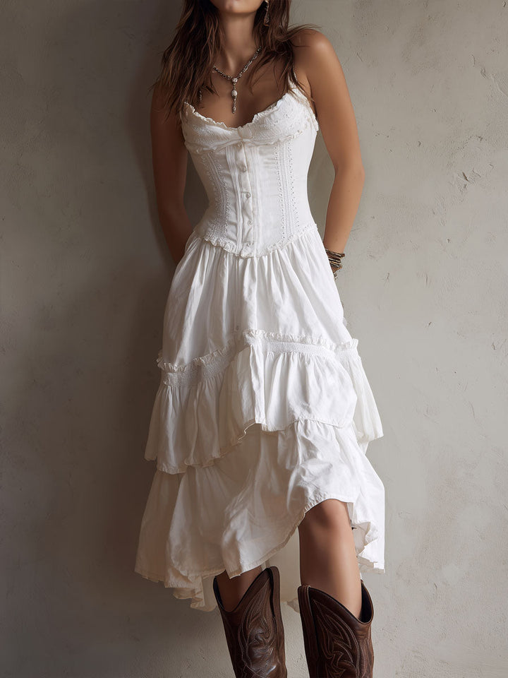 Maya | Lace-Trim Corset Tiered Midi Dress