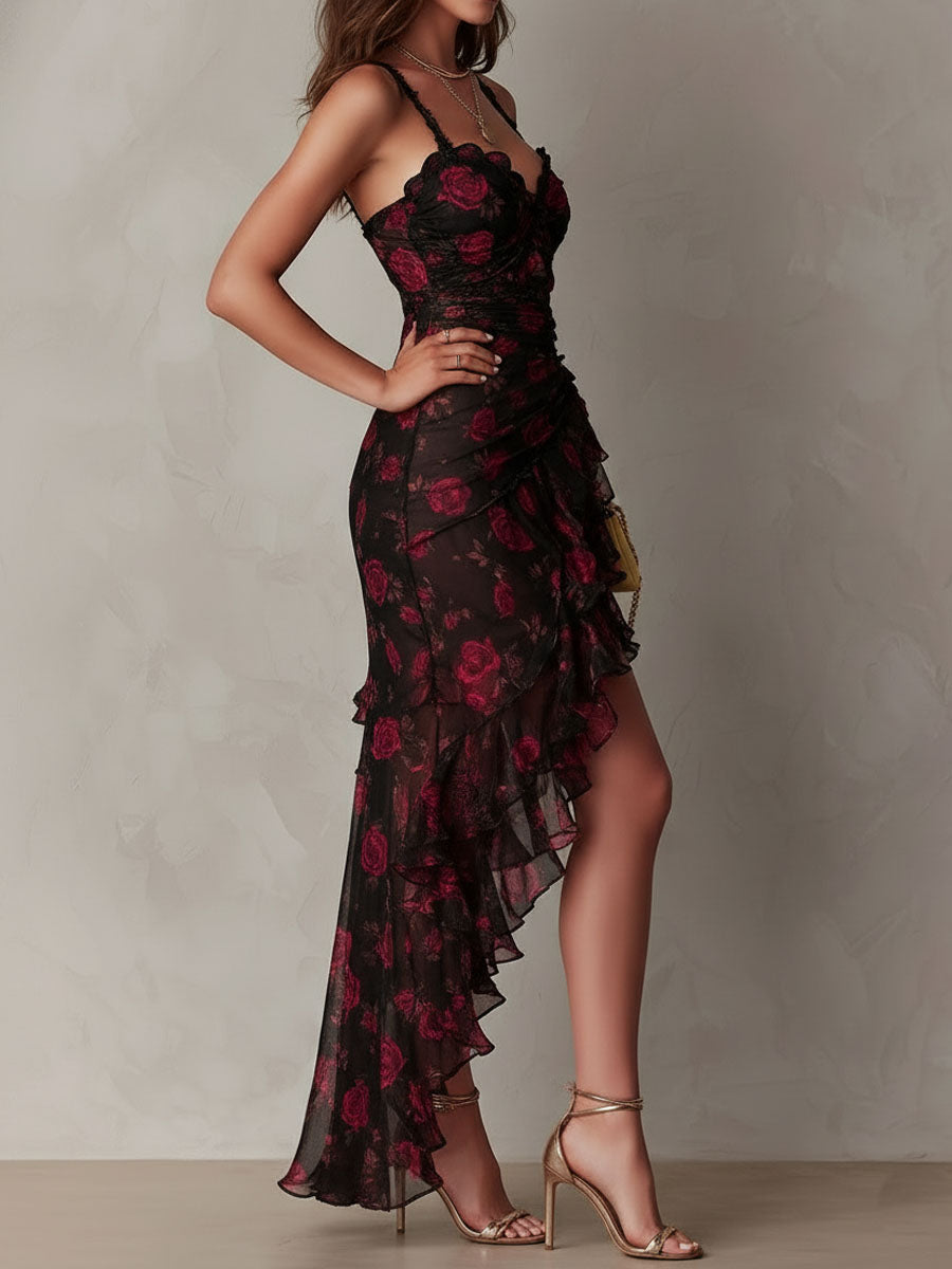 Evelyn | Ruched Lace-Trim Ruffle-Hem Dress