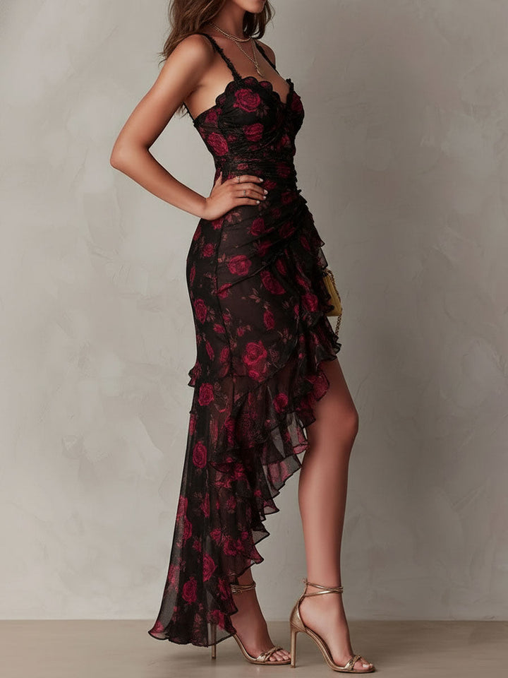 Evelyn | Ruched Lace-Trim Ruffle-Hem Dress