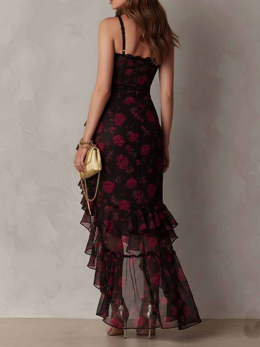 Evelyn | Ruched Lace-Trim Ruffle-Hem Dress