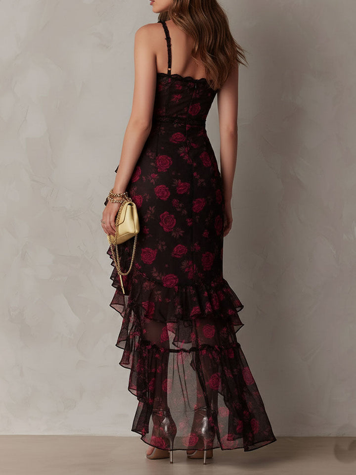 Evelyn | Ruched Lace-Trim Ruffle-Hem Dress
