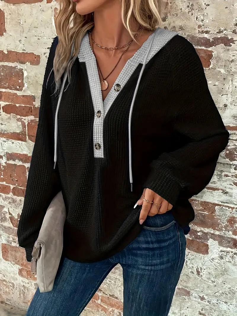 Long Sleeve Hoodie with Button Closure and Drawstring