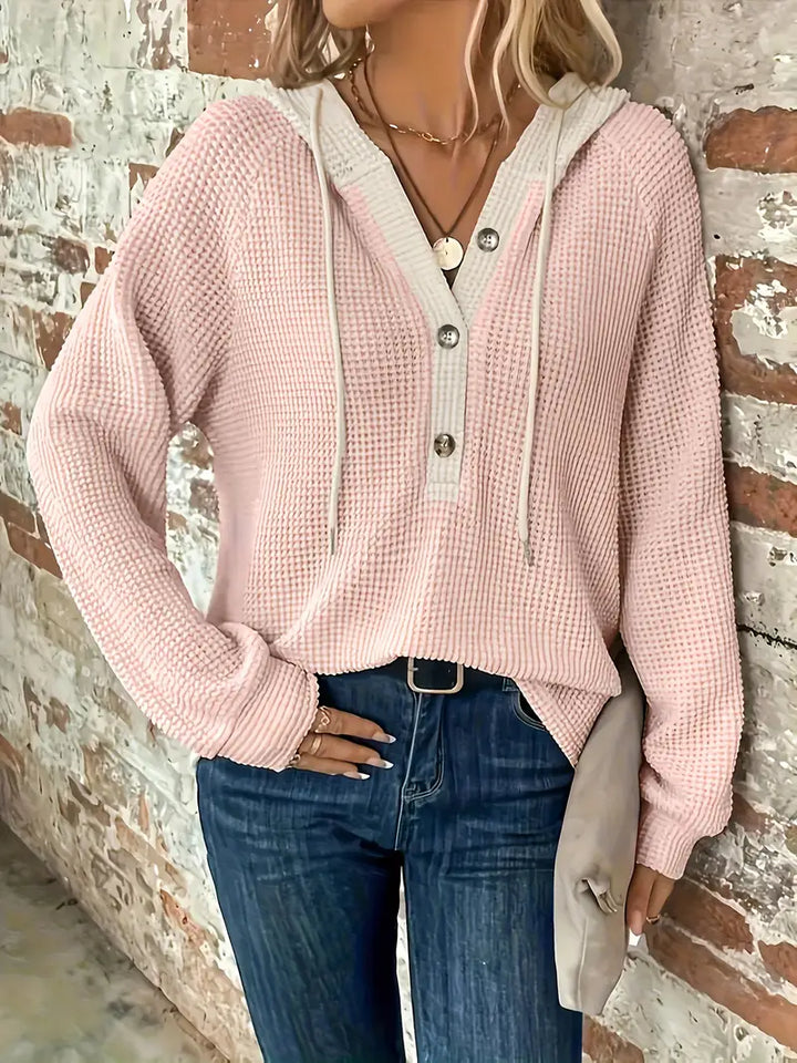 Long Sleeve Hoodie with Button Closure and Drawstring