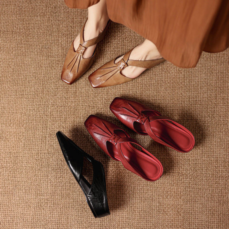 Olene | Genuine Leather Square Toe Mules