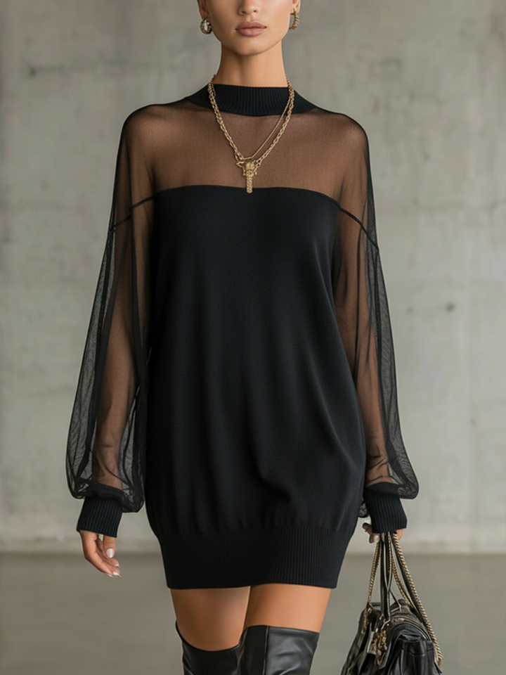 Domitille | Mini Black Dress, Transparent Mesh Sleeves, High Neck