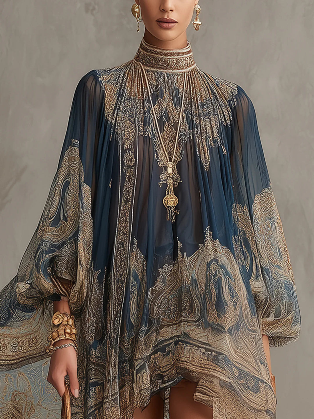Bérénice | Mini Irregular Dress with Navy Blue Baroque Print, High Neck