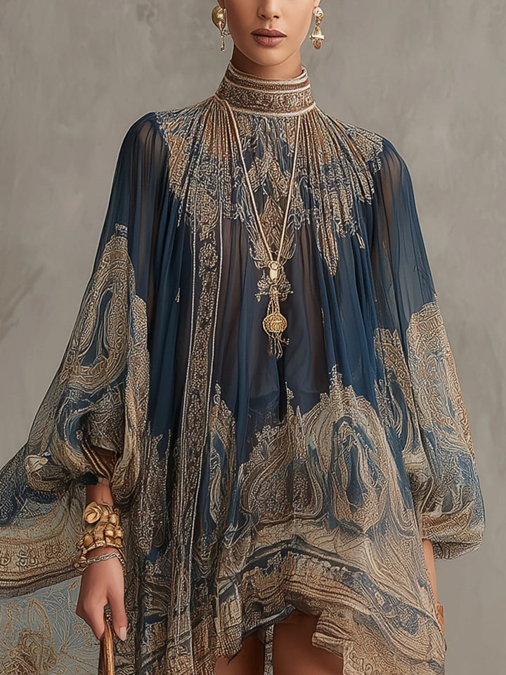 Bérénice | Mini Irregular Dress with Navy Blue Baroque Print, High Neck