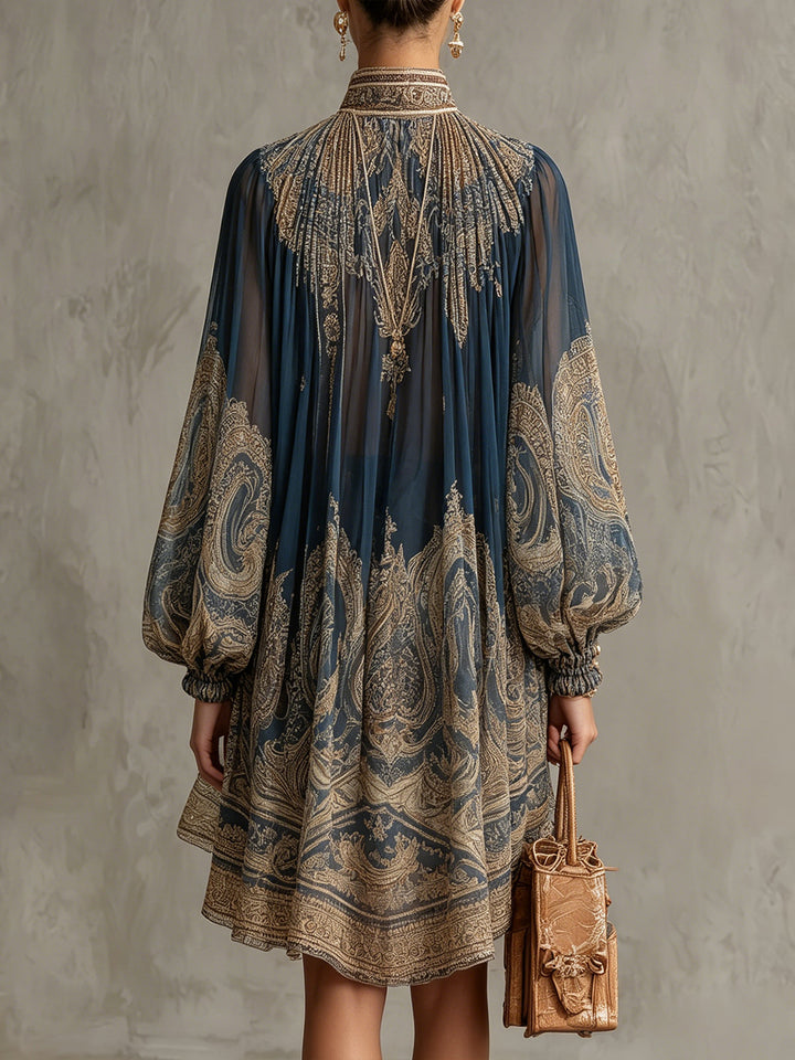 Bérénice | Mini Irregular Dress with Navy Blue Baroque Print, High Neck