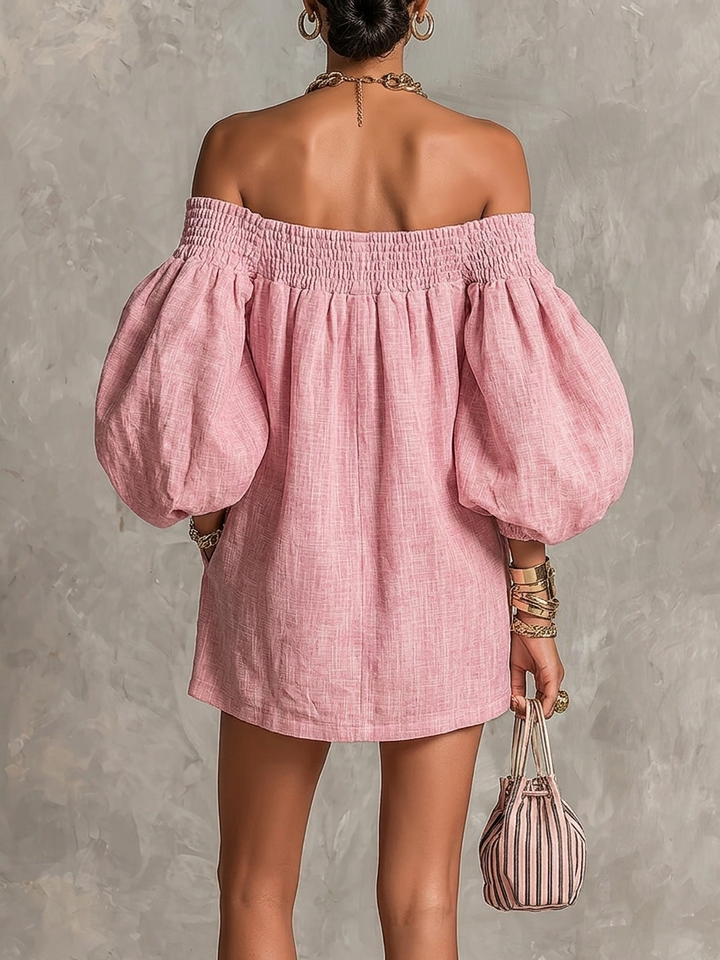 Rosabelle | Mini A-Line Dress, Lantern Sleeves, Off-Shoulder Pink