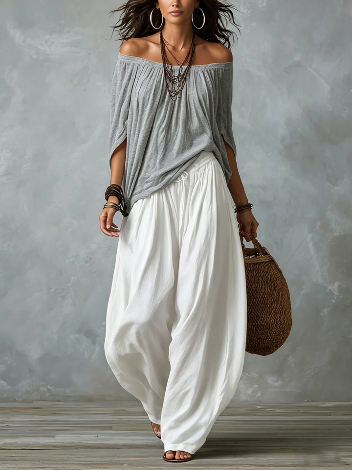 Grace | Gray Off-shoulder Top and White Wide-leg Lantern Pants