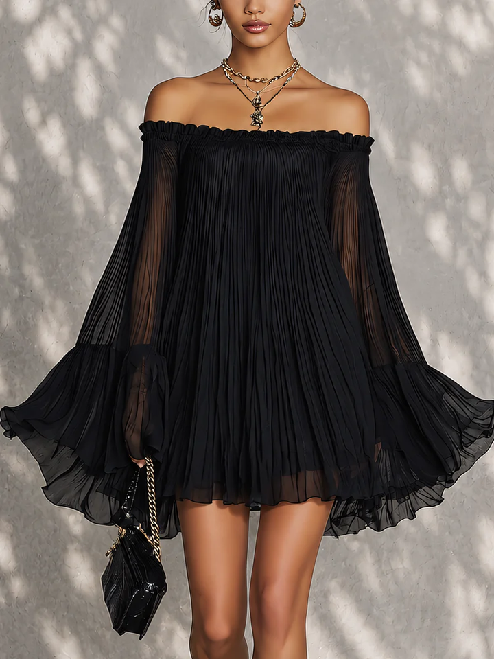 Océane | Black Mini Dress with Bell Sleeves and Ruffled Off-Shoulder