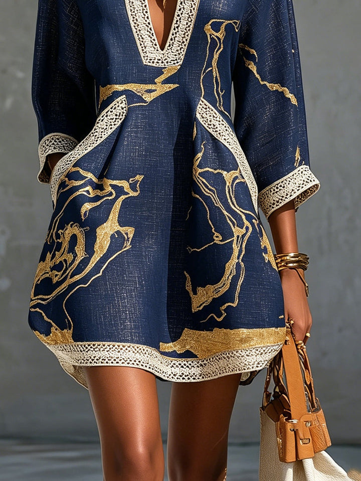 Astrée | Mini Dress with V-Neck, Navy Gold Print