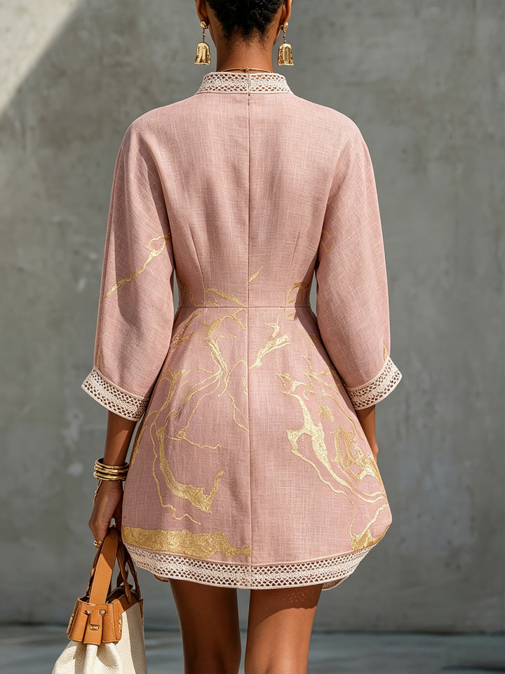 Ninon | Mini Dress in Pink Crocheted Lace with Golden Patterns and V-Neck