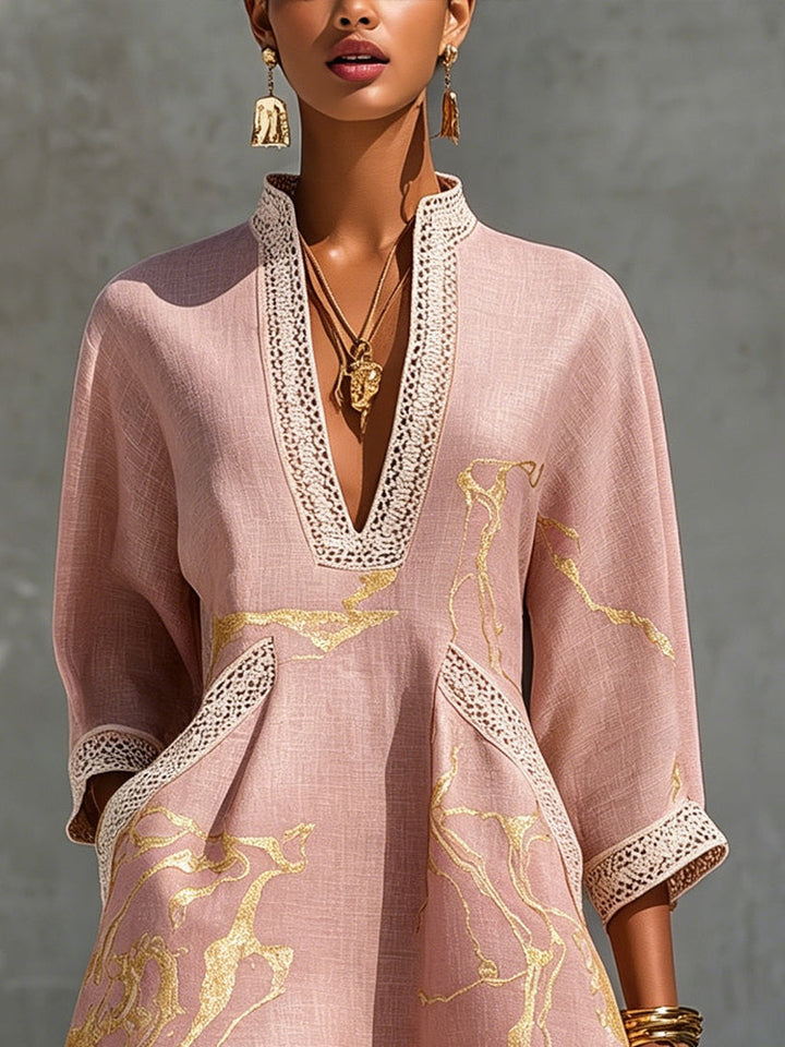 Seraphina | Gold-Printed V-Neck Midi Dress