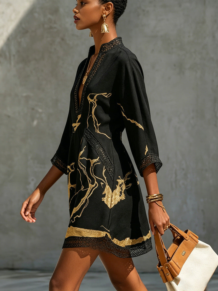 Ebony | Mini Dress with V-Neck, Black and Gold Print
