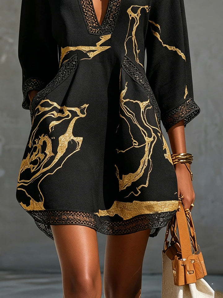 Ebony | Mini Dress with V-Neck, Black and Gold Print