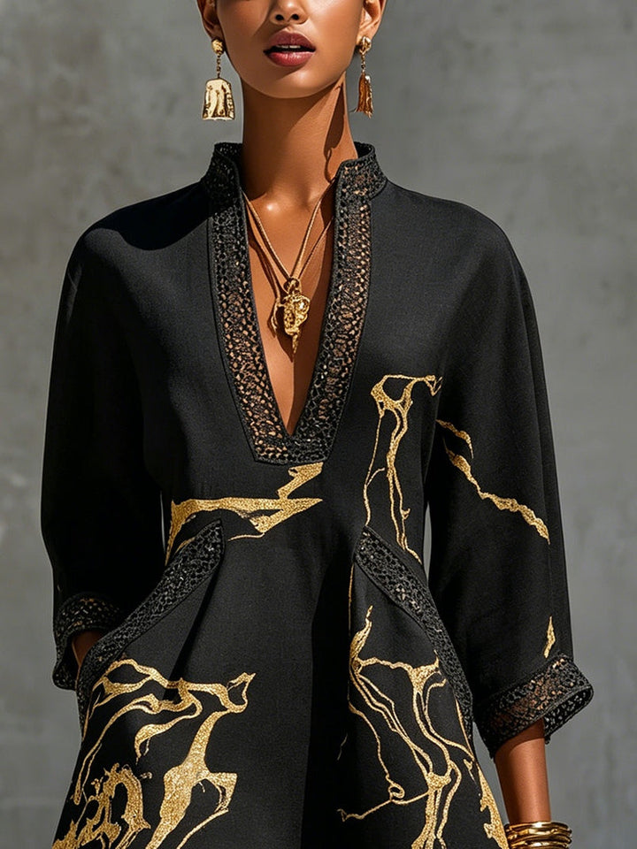 Léonie | Black Mini Dress in Crocheted Lace with Golden Patterns and V-Neck