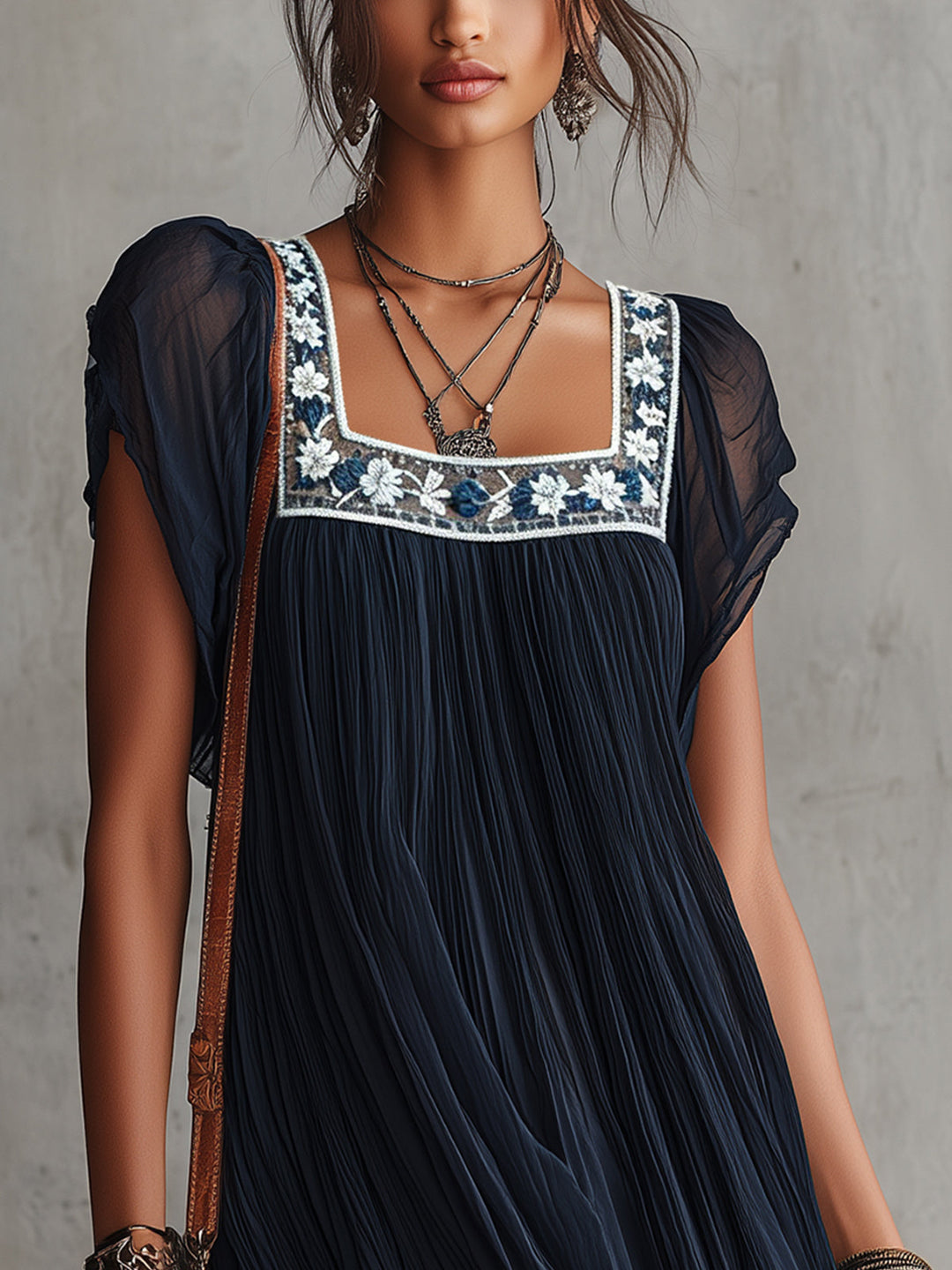 Apolline | Mini Pleated Dress in Navy Blue Embroidered Chiffon