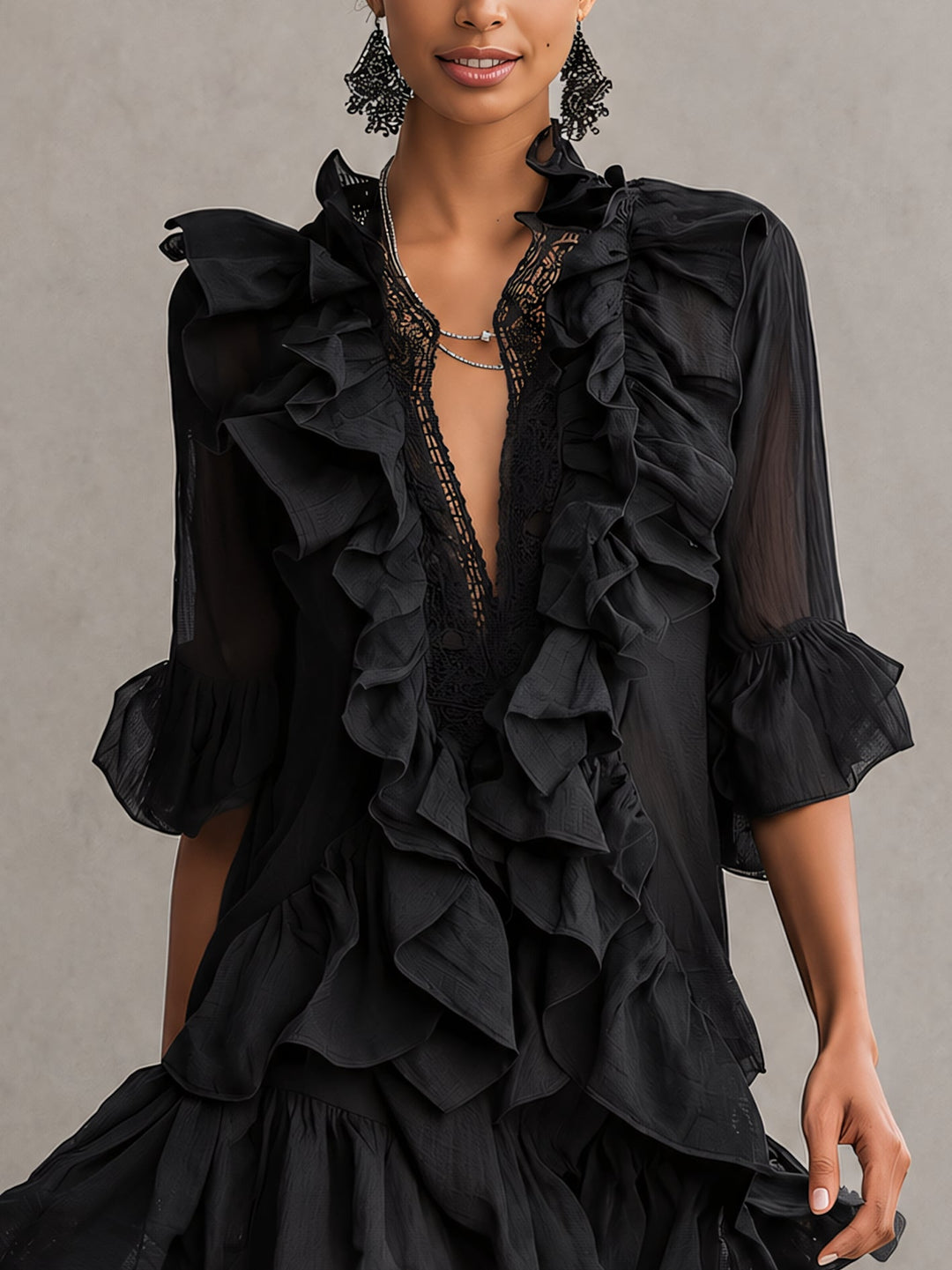 Anaïs | Black Mini Dress in Chiffon with Ruffles