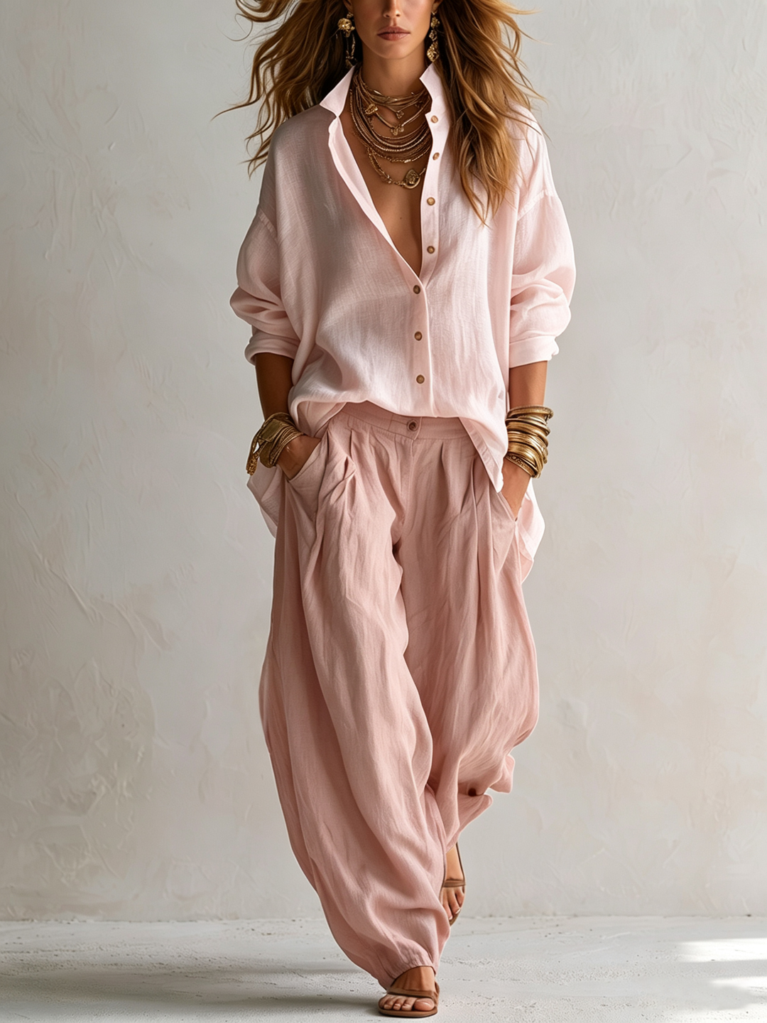 Noah | White Loose Shirt and Green Wide-Leg Lantern Pants