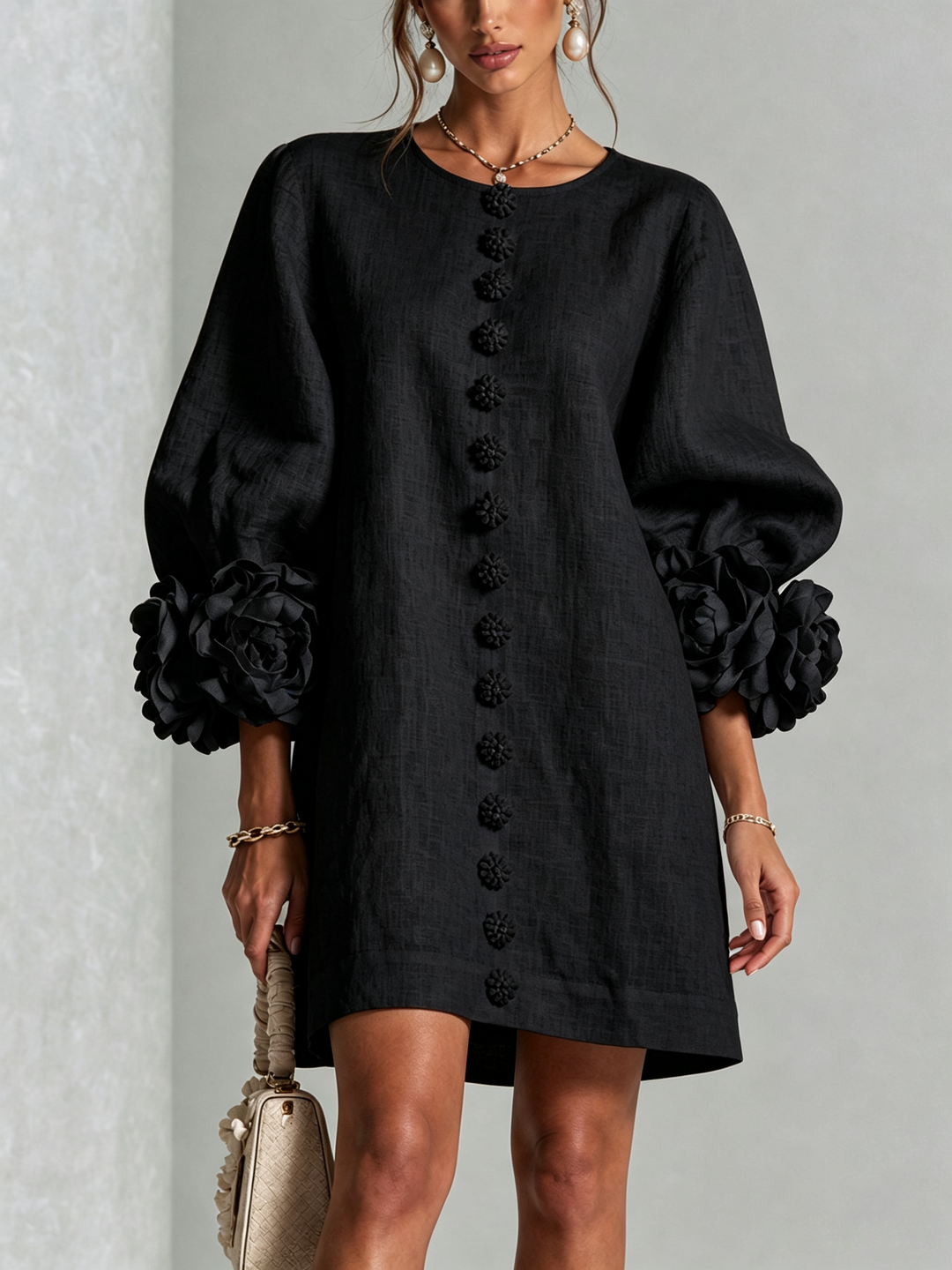 Clementine | Rosette-Cuff Button Shift Dress