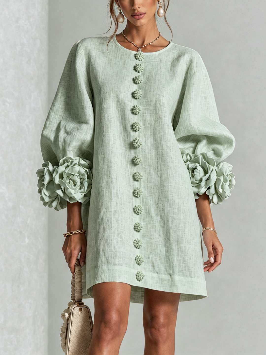 Clementine | Rosette-Cuff Button Shift Dress