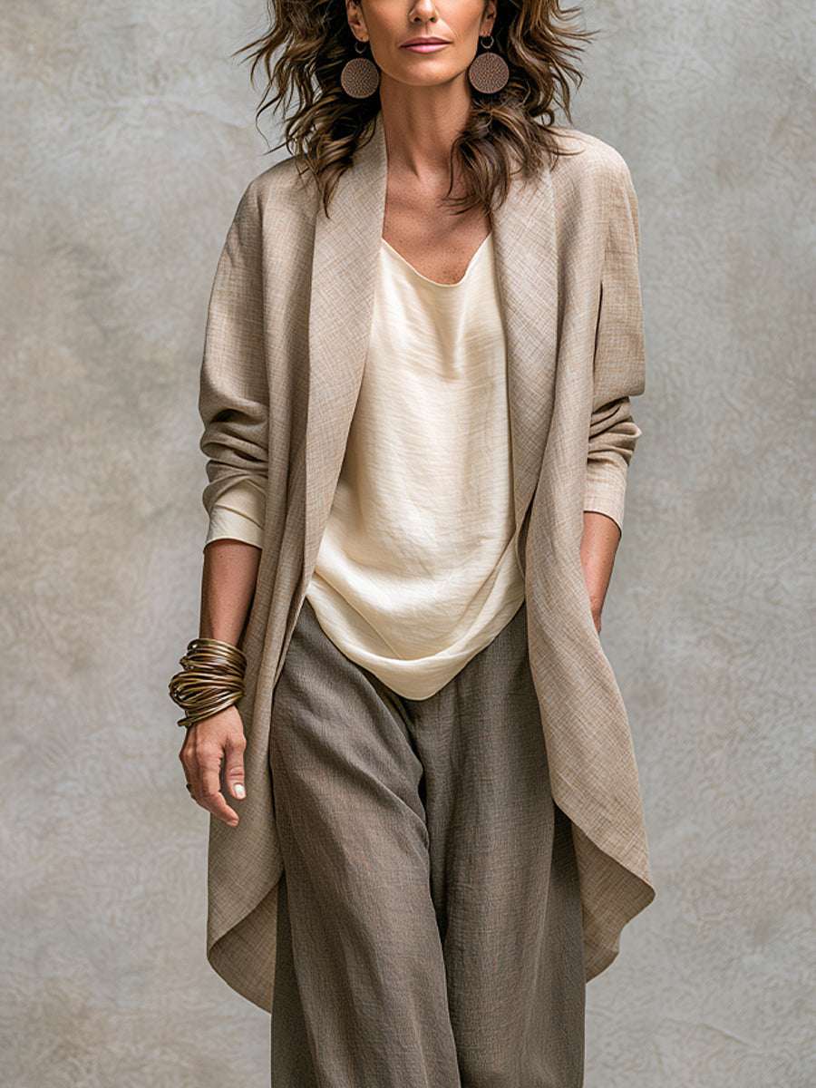 Clarissa | Complete Elegant Three-Piece Beige Gray Casual Outfit with Wide-Leg Pants