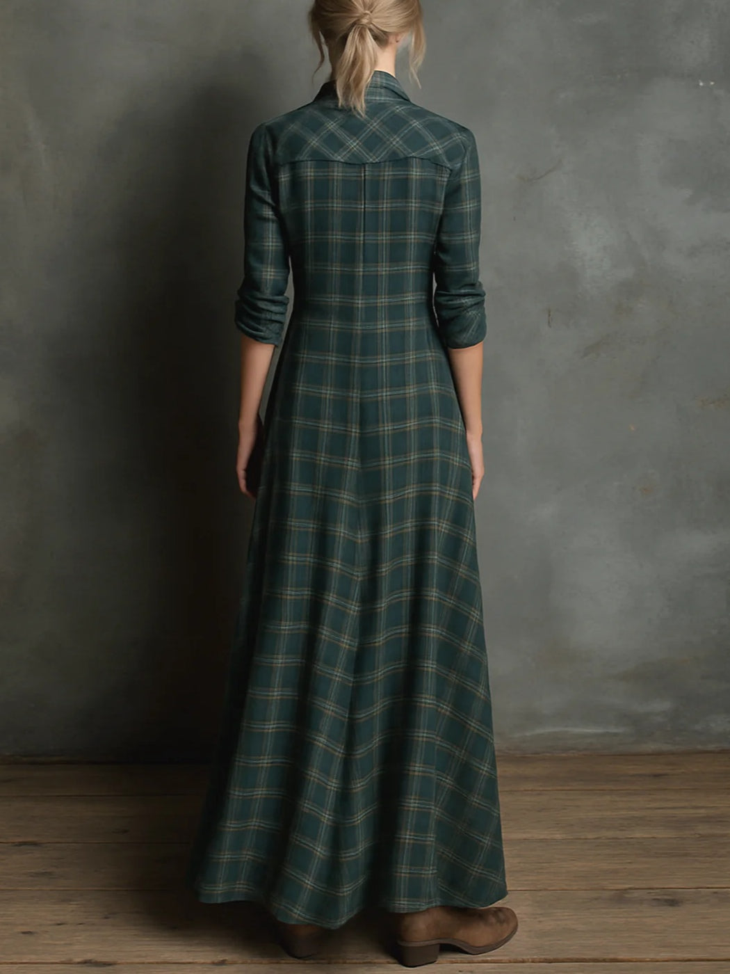 Taylor | Long Checkered Shirt Dress with Fold