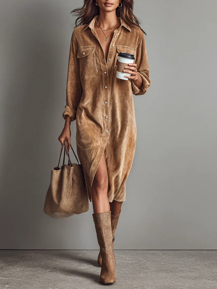 Ruby | Midi Corduroy Dress with Double Breasted Pockets and Single Button