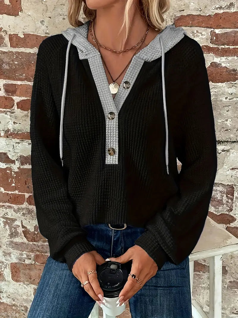Long Sleeve Hoodie with Button Closure and Drawstring