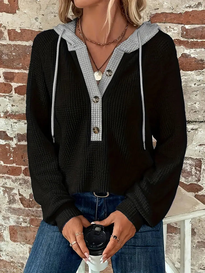 Long Sleeve Hoodie with Button Closure and Drawstring