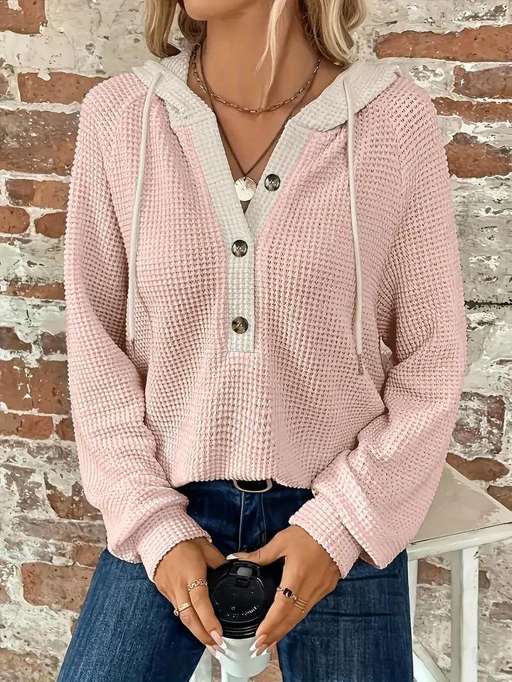 Long Sleeve Hoodie with Button Closure and Drawstring