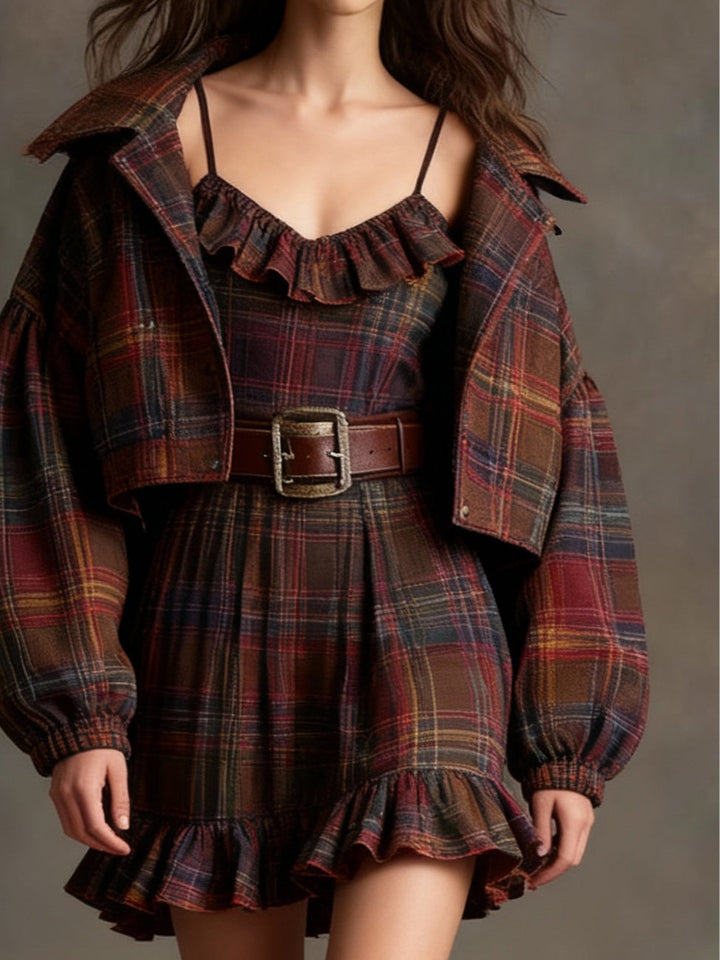 Marielle | Vintage Checkered and Striped Mini Dress with Loose Jacket (with belt)